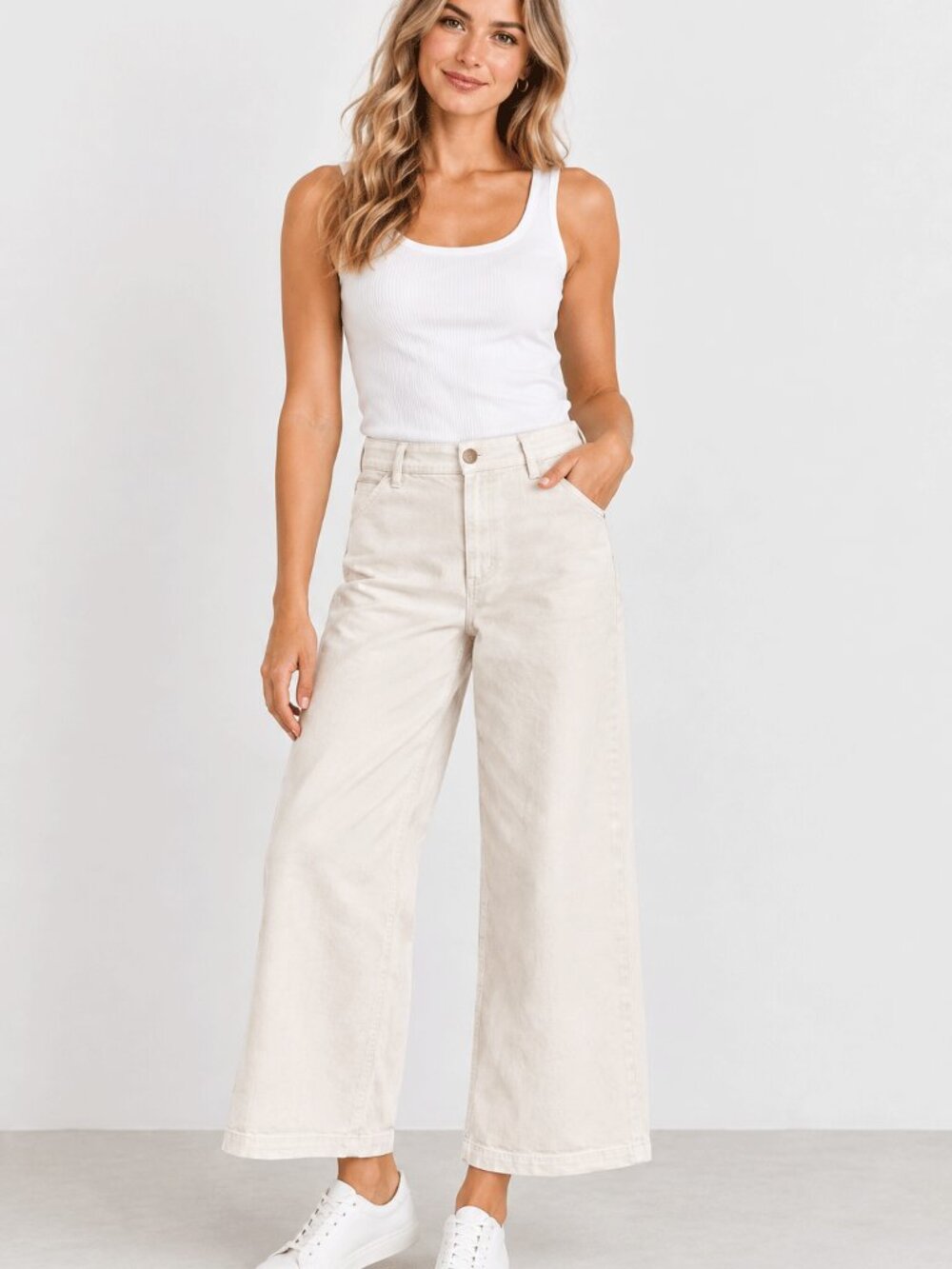 PINK TARTAN Cream Ivory Wide-Leg Cropped Denim Pants High Rise, Ankle, Size 8